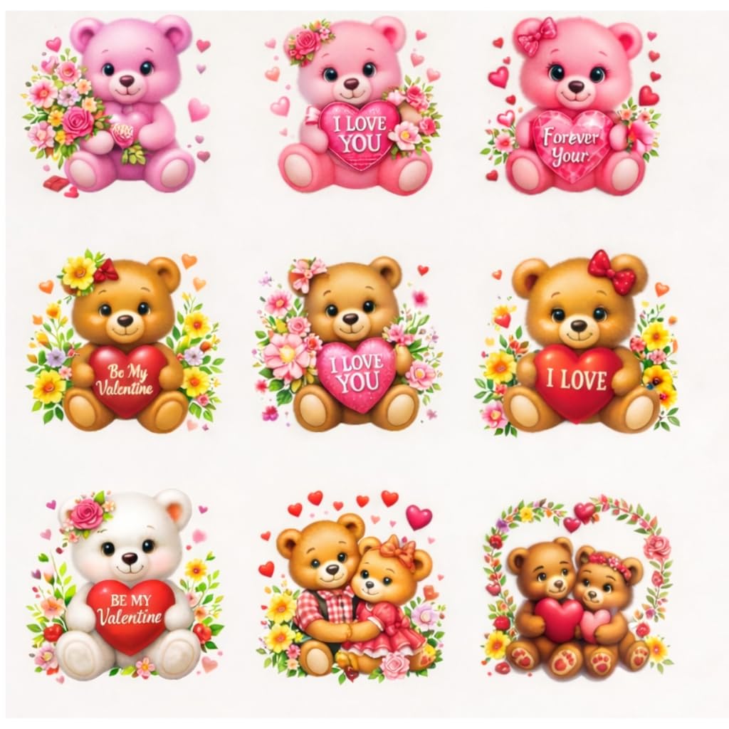 UV DTF Cup Wrap Transfers for 16oz Glass, Waterproof Valentine's Day Bear Theme Sticker Decals for Water Bottles and Wood Crafts, 2.5 Inch, 12 Pack