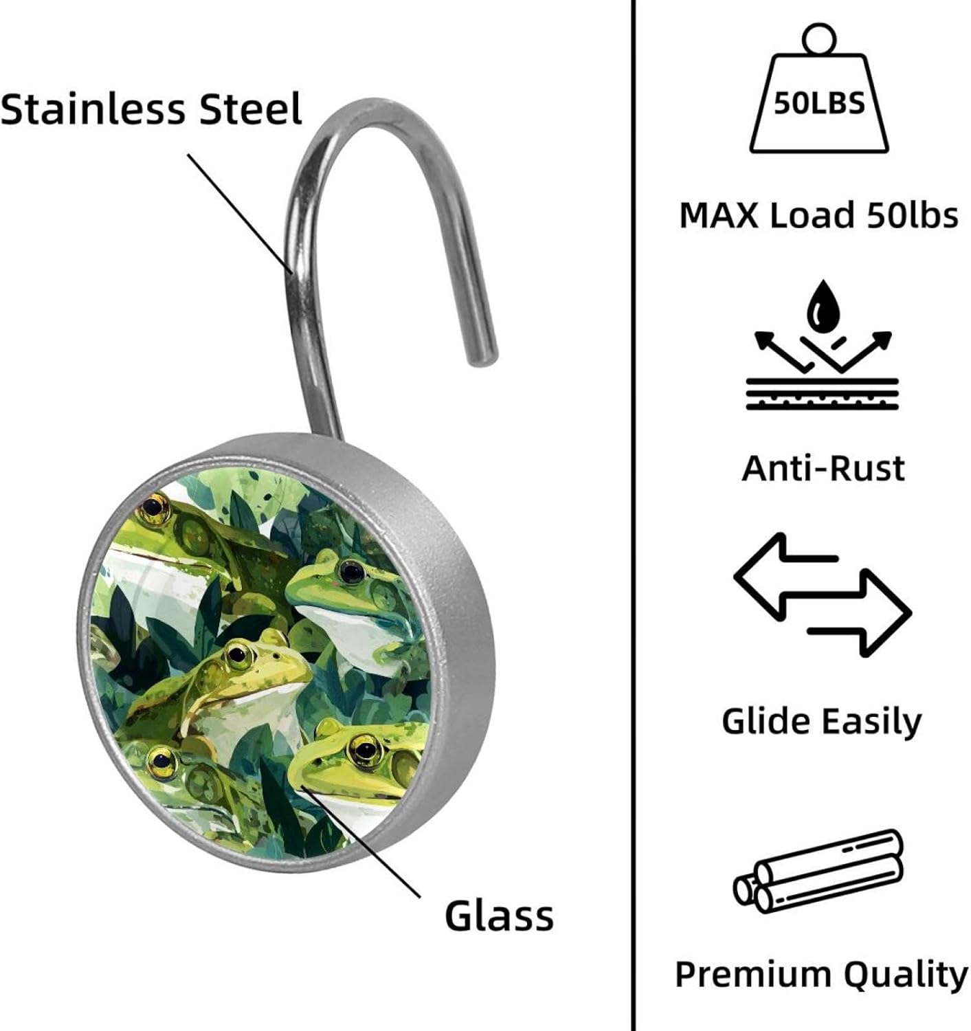 Frogs (2) Crystal Glass Shower Curtain Hooks Rings Decorative Bathroom Decor - Set of 12