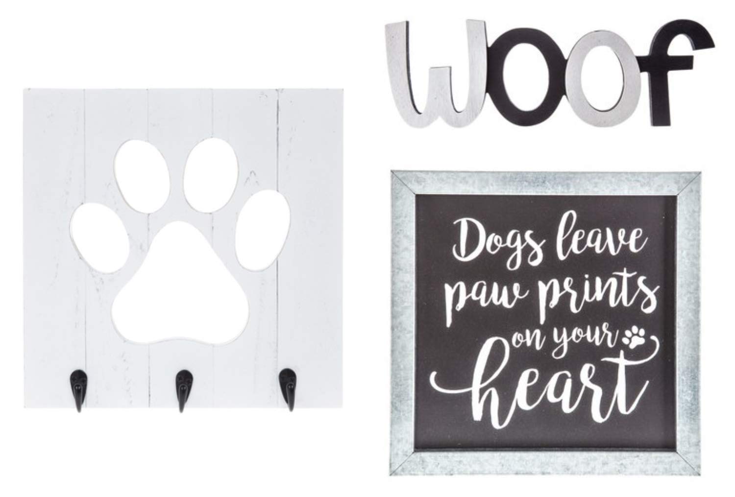 Dog Wall Decor Set 3 Signs Wooden Paw Print Leash Hooks - Wood Distressed WOOF Sign and Galvanized Metal "Dogs Leave Paw Prints" Quote Sign