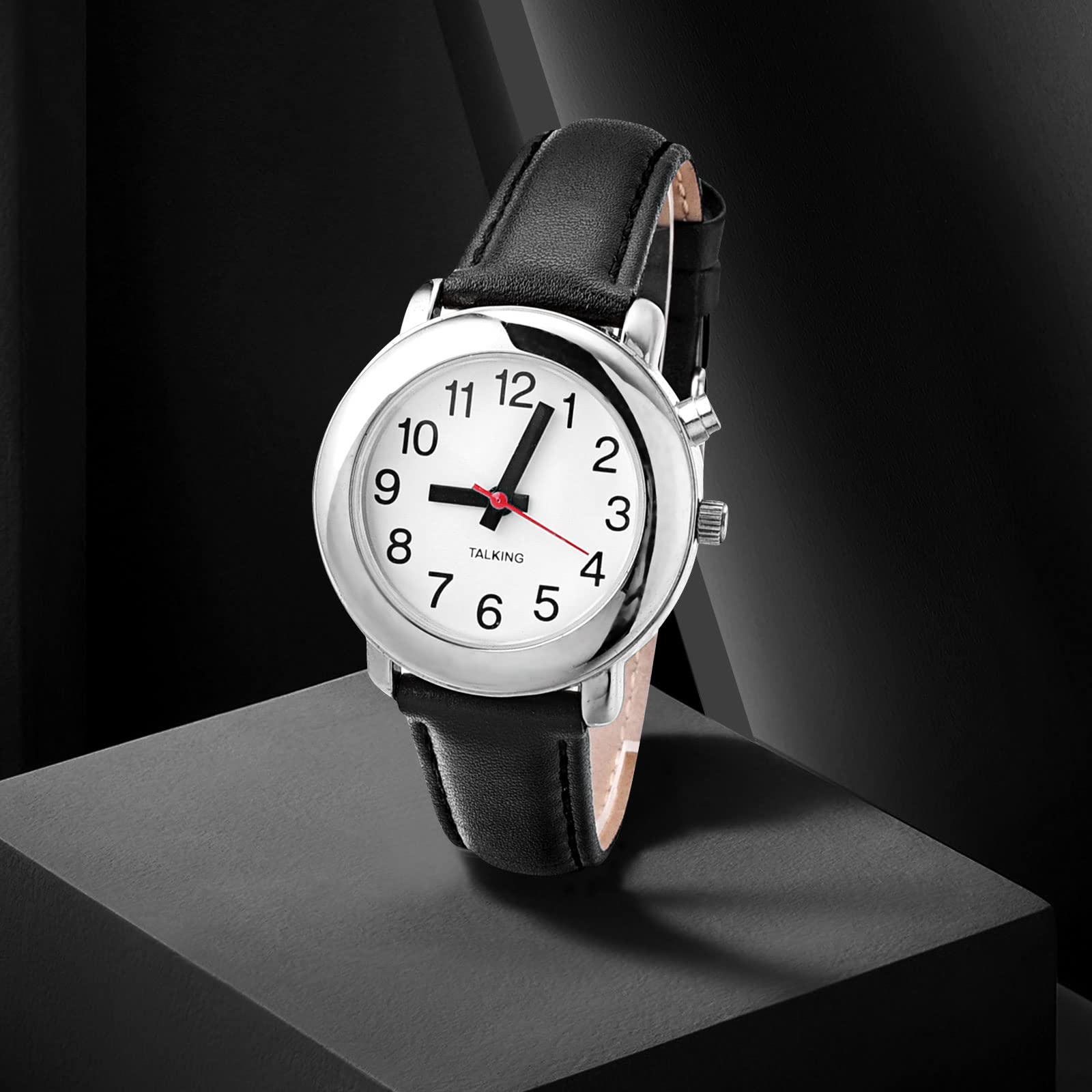 Orologio parlante alla moda, di qualità chiaro e forte voce, ultra sottile da donna, parla l'ora, la data o l'ora di allarme per anziani, vista o ciechi. Con cinturino in pelle nera