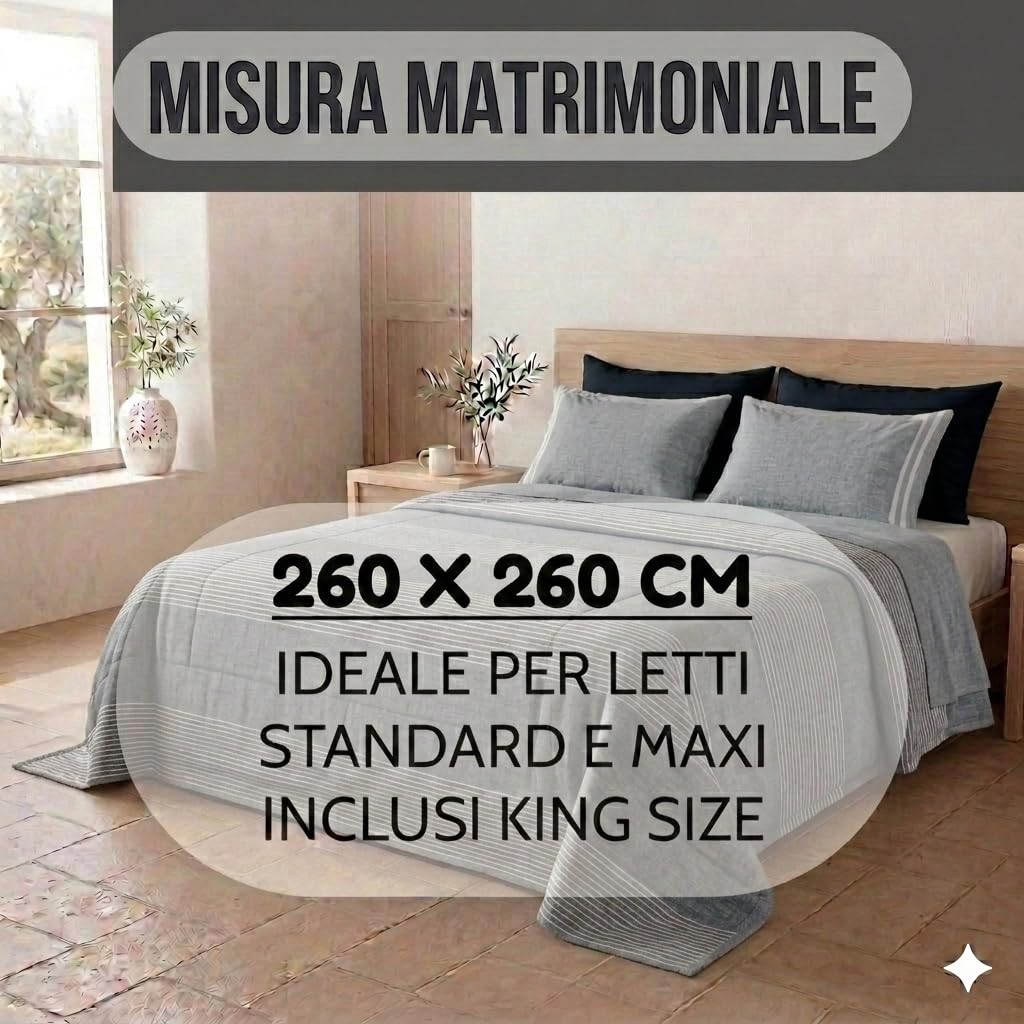 fashion home Pagano Copriletto Matrimoniale Kerala in Cotone Leggero, Telo Copridivano Copritutto Multiuso a Righe, Gran Foulard Primavera Estate 260x260 cm [Grigio]