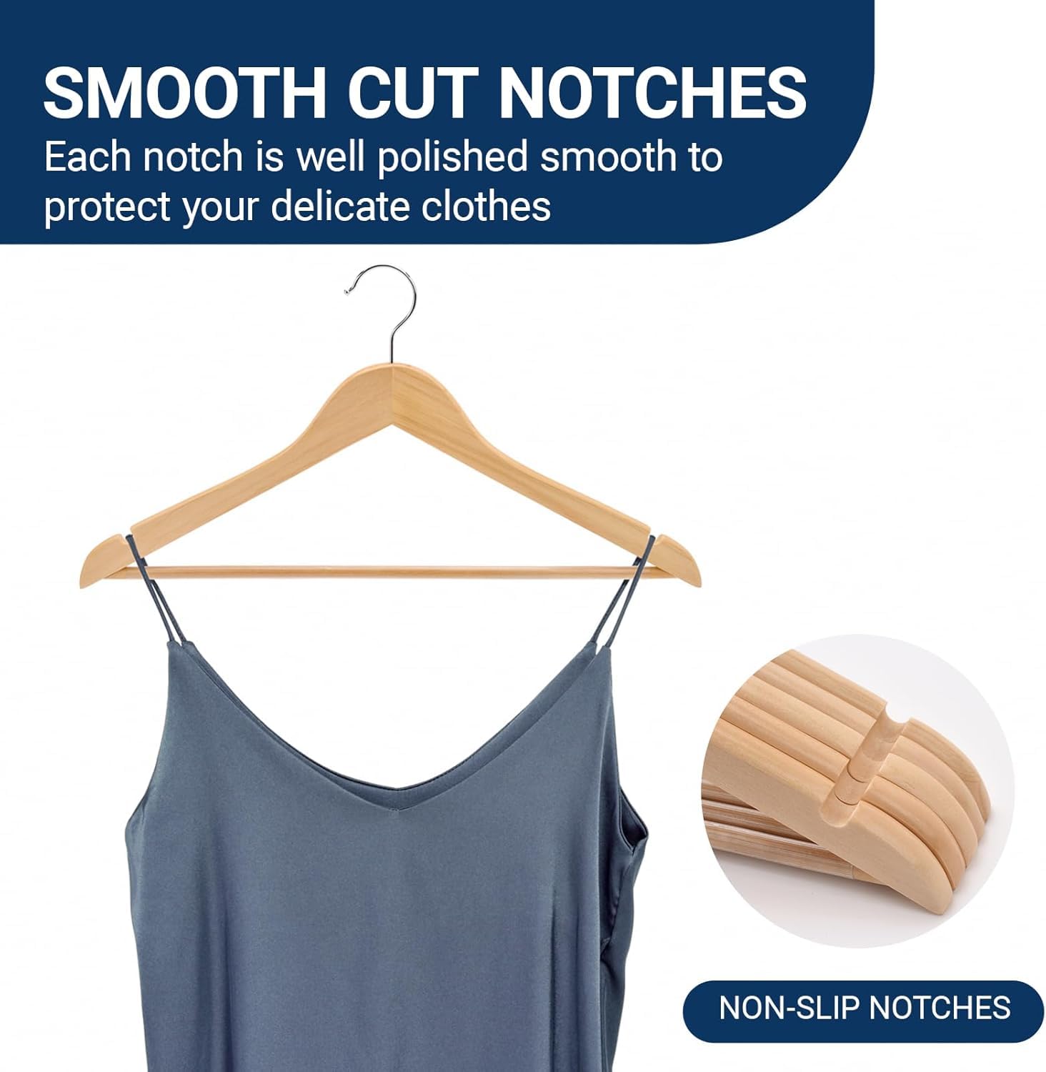 Ash & Roh-Solid Wood Natural Finish Garment Hangers with Non-Slip Bar and Precisely Cut Notches, 360 Degree Swivel Chrome Hook, Hanger, Hangers for Clothes, Cloth Hanger 3