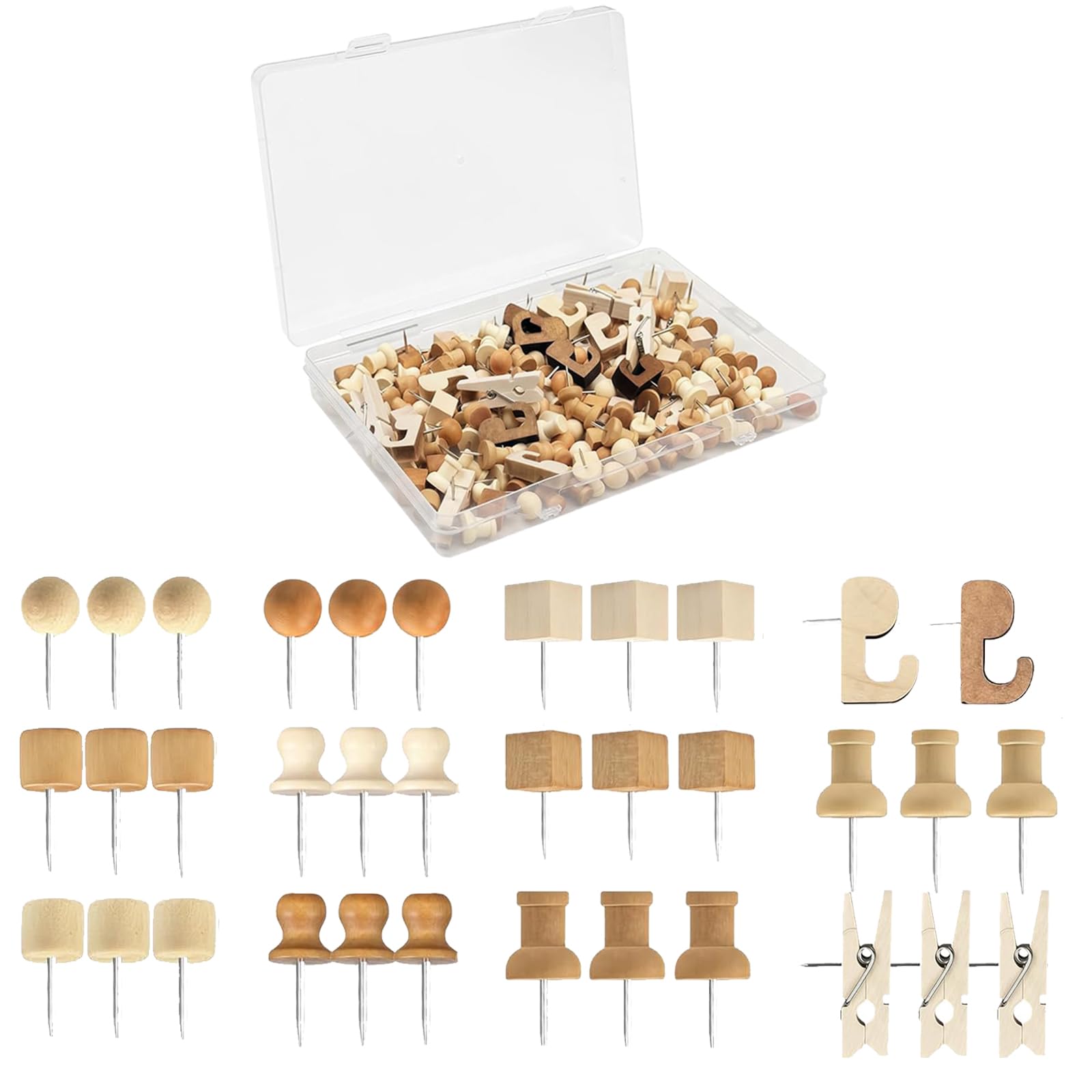 Kaizuca 200 PCS Wooden Push Pins, 7 Types of Notice Board Pins with Storage Box, Drawing Pins for Cork Boards, Bulletin Boards, Maps, Photos, Office, School and Crafts