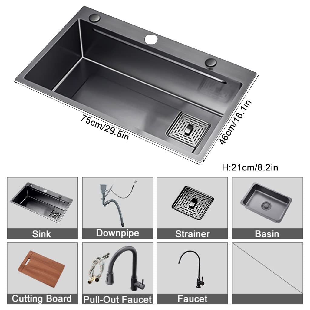 Lavello da Cucina, con Rubinetto, Lavello da Cucina Ispessito Nero Nano, Lavello da Bar in Acciaio Inossidabile, Installazione A Incasso O Sottotop, Facile da Pulire/Nero