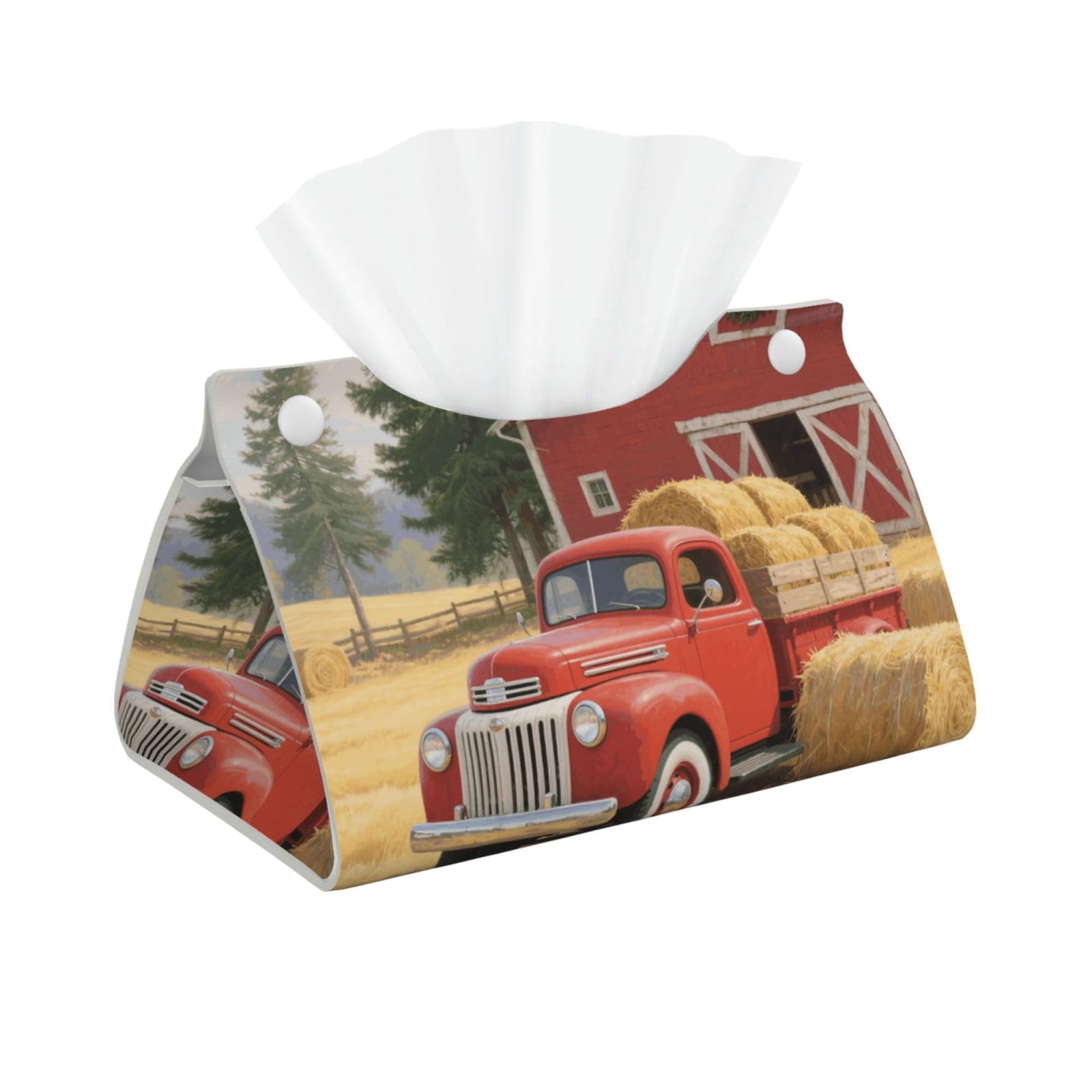 Pu Leather Tissue Box Cover, Red Retro Truck Farm Rectangle Tissue Case Covers Decorative Tissue Box Holder Waterproof Tissue Holder Organizer for Bathroom Home Office