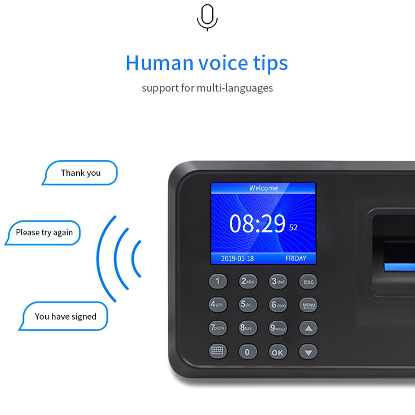 Máquina biométrica de asistencia de empleados, dispositivo de registro de tiempo de huellas dactilares, dispositivo USB de gestión de datos, dispositivo de registro estándar del Reino Unido