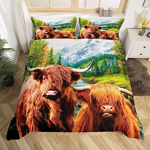 feelingyou Juego de funda nórdica de vaca de Tierras Altas, tamaño M, diseño de granja, animales salvajes occidentales, funda con 1 funda de almohada, árboles, plantas, montaña, colcha natural para