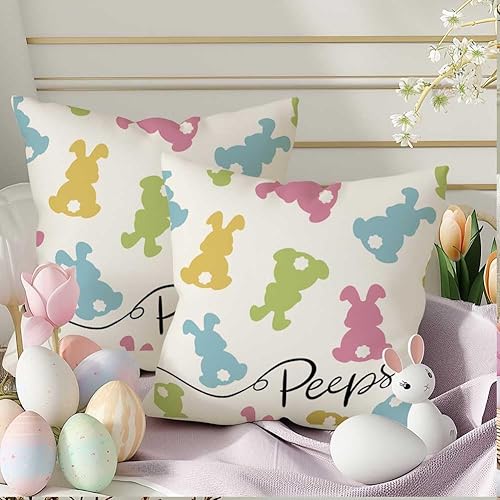 Miniatura 5 de RABUSOFA Juego de 2 fundas de almohada decorativas de Pascua de 18 x 18 pulgadas, fundas de cojín decorativas de conejo de corazón de lunares, funda