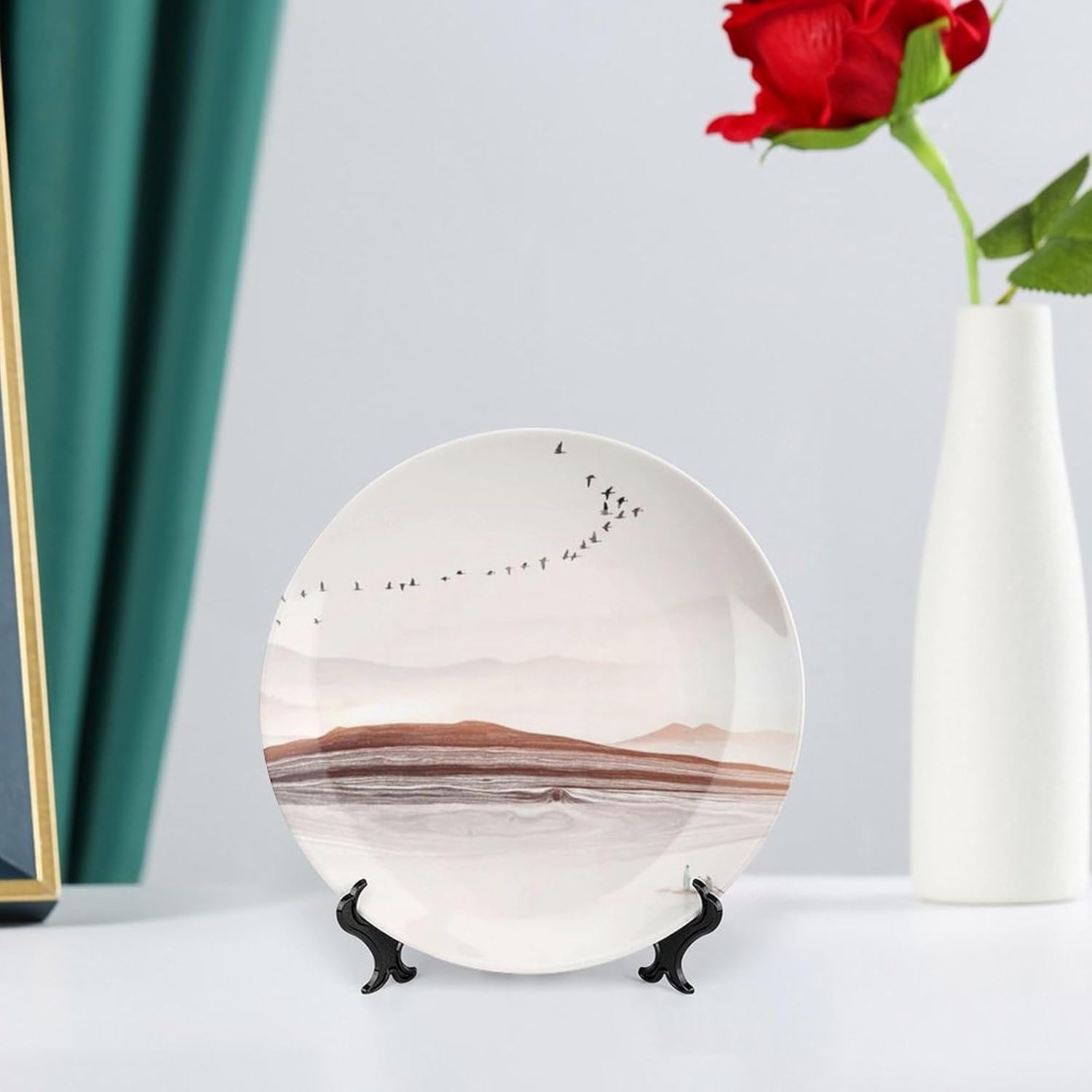 Bone China Plate with Two People in Boat, Ochre Hills And Arc of Birds, Wall Decor for Office, 6inch