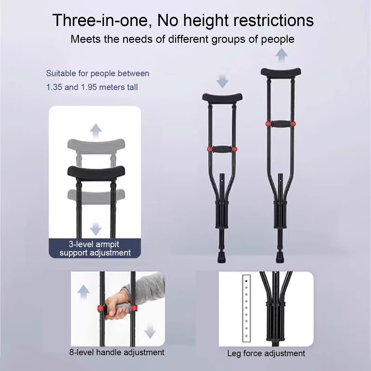 Axila Muletas,Bastón Universal De Aluminio,Ayuda para Caminar con Bastón,con Almohadilla Suave para La Mano,Ajustable De 98 a 158 Cm,Ligero,Apto para Personas con Movilidad Reducida(1 Par Negro)
