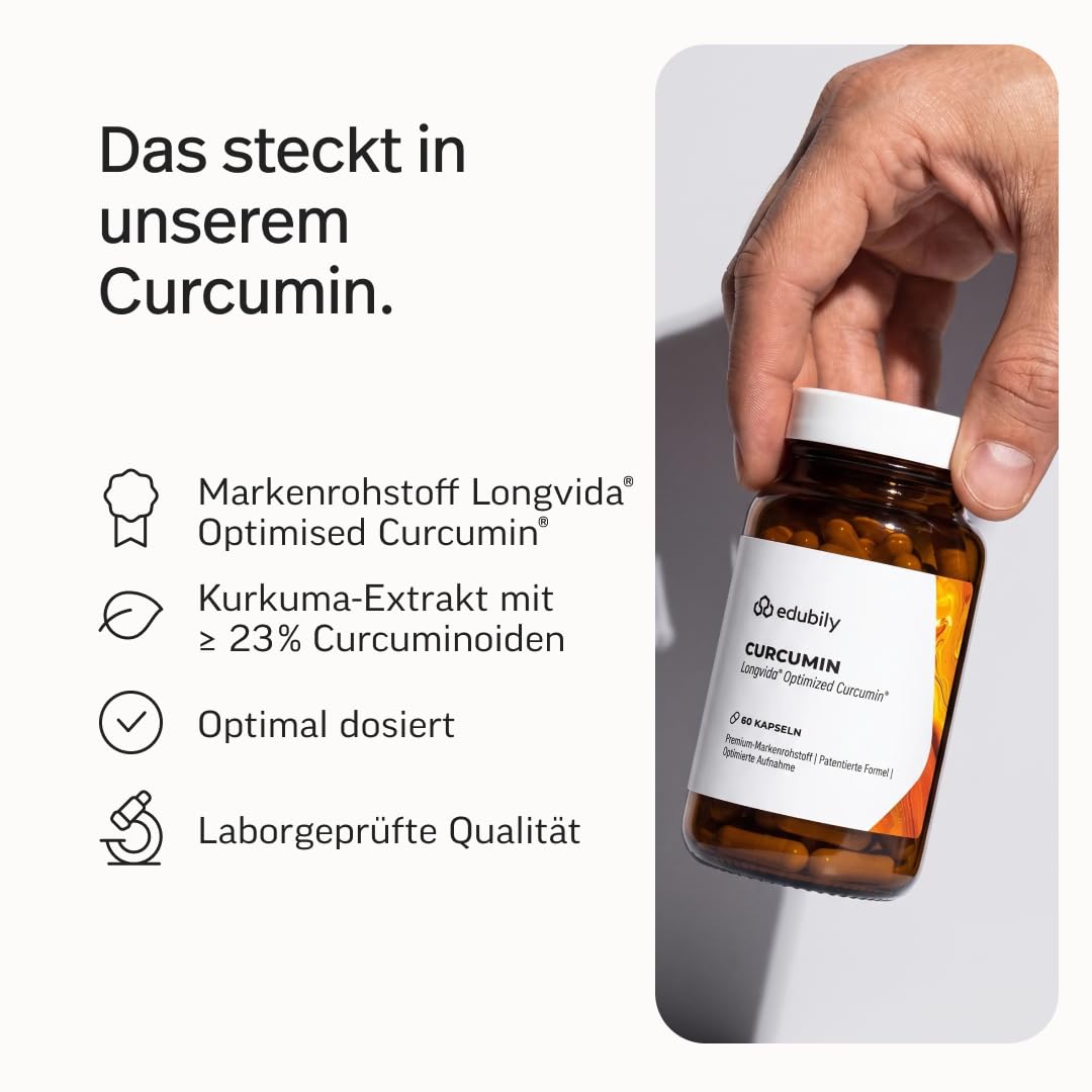 edubily® Kurkuma Kapseln - Curcurmin aus dem Markenrohstoff Longvida Optimized Curcumin® - in schützender Phospholipid-Hülle - Laborgeprüft - Vegan (400 mg Curcumin, 60 Kapseln)
