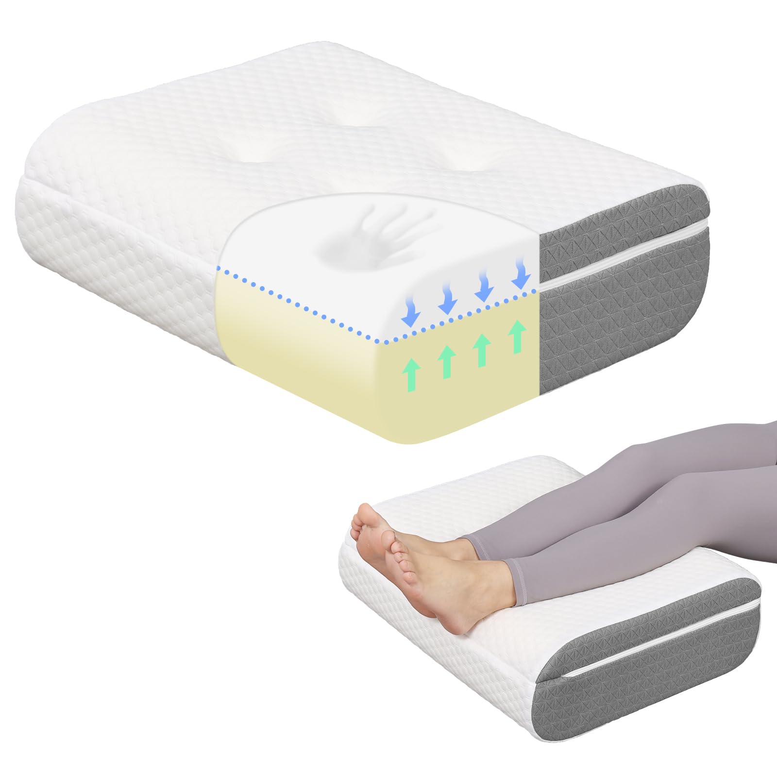 TANYOO Leg Elevation Pillow, Dual-Layer Design Knee Pillow for Back Sleeping, Leg Elevating Pillow to Raise Feet for Circulation, Knee Support, Leg Elevation, Back Pain Relief, 1PC, White