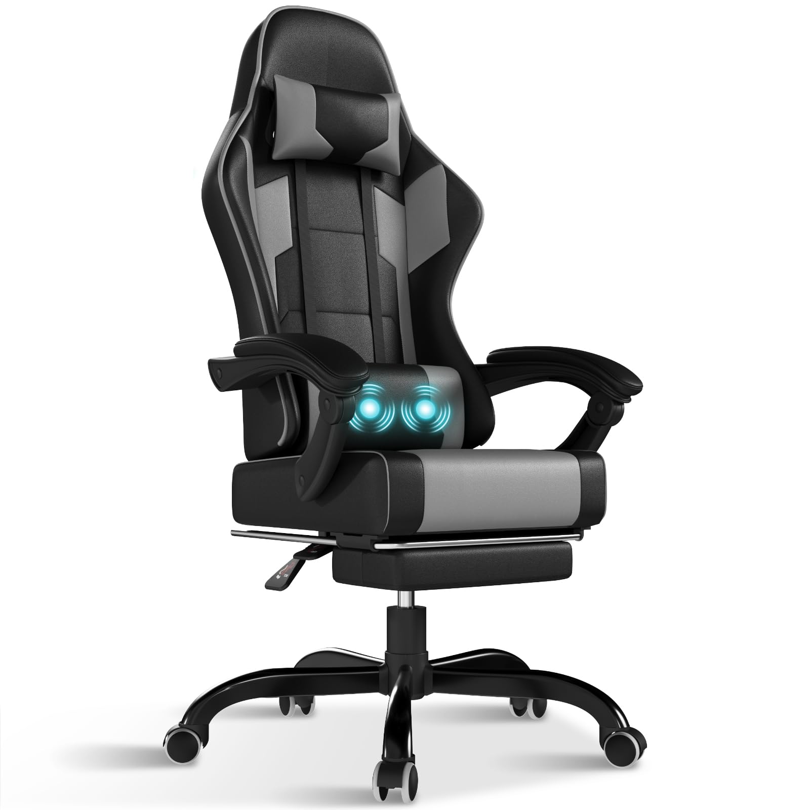 TRIUMPHKEY Sedia da Gaming Massaggiante,Sedia Gamer con Poggiapiedi Telescopico,Regolabile 90-150°,Poltrona da Gaming con Poggiatesta e Cuscino Lombare,Sedie da Ufficio,Portata 150kg(Grigio)