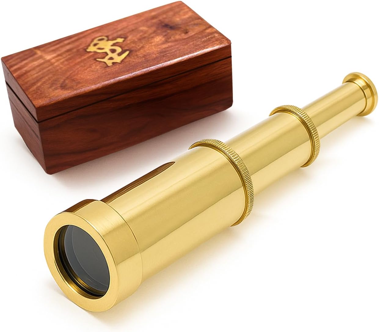 - NauticalMart 6 Inch Brass Telescope with Wooden Box for Nautical Collectibles and Pirate Spyglass for Young and Adults, Ideal Decorative Piece for Home or Office