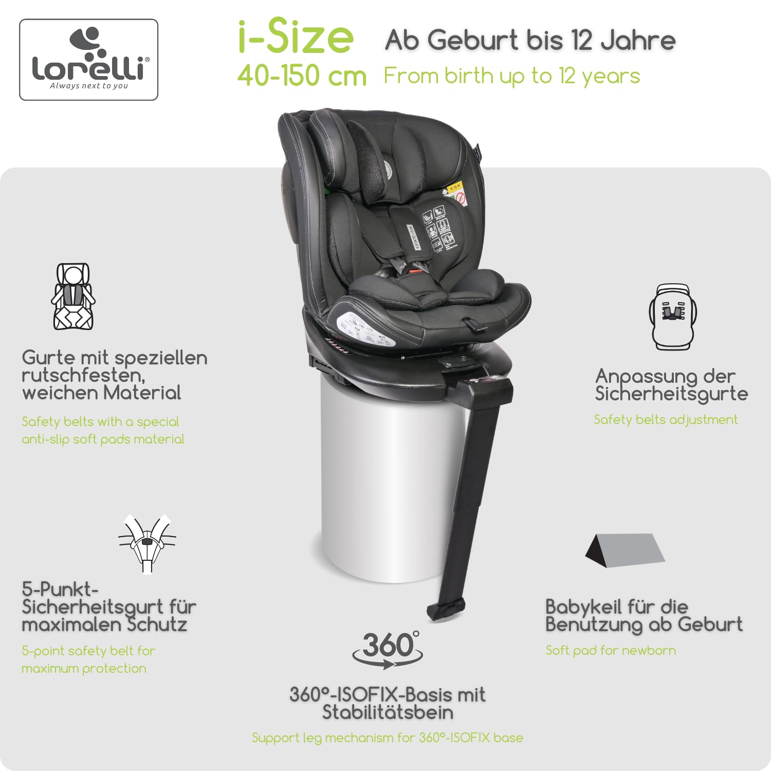 Lorelli Fotelik dziecięcy Estate z podstawą Isofix i nogą podpierającą, obracany o 360 stopni, 0-36 kg, i-Size 40-150 cm, fotelik dla dziecka od urodzenia, 5-punktowy pasek, regulowany zagłówek