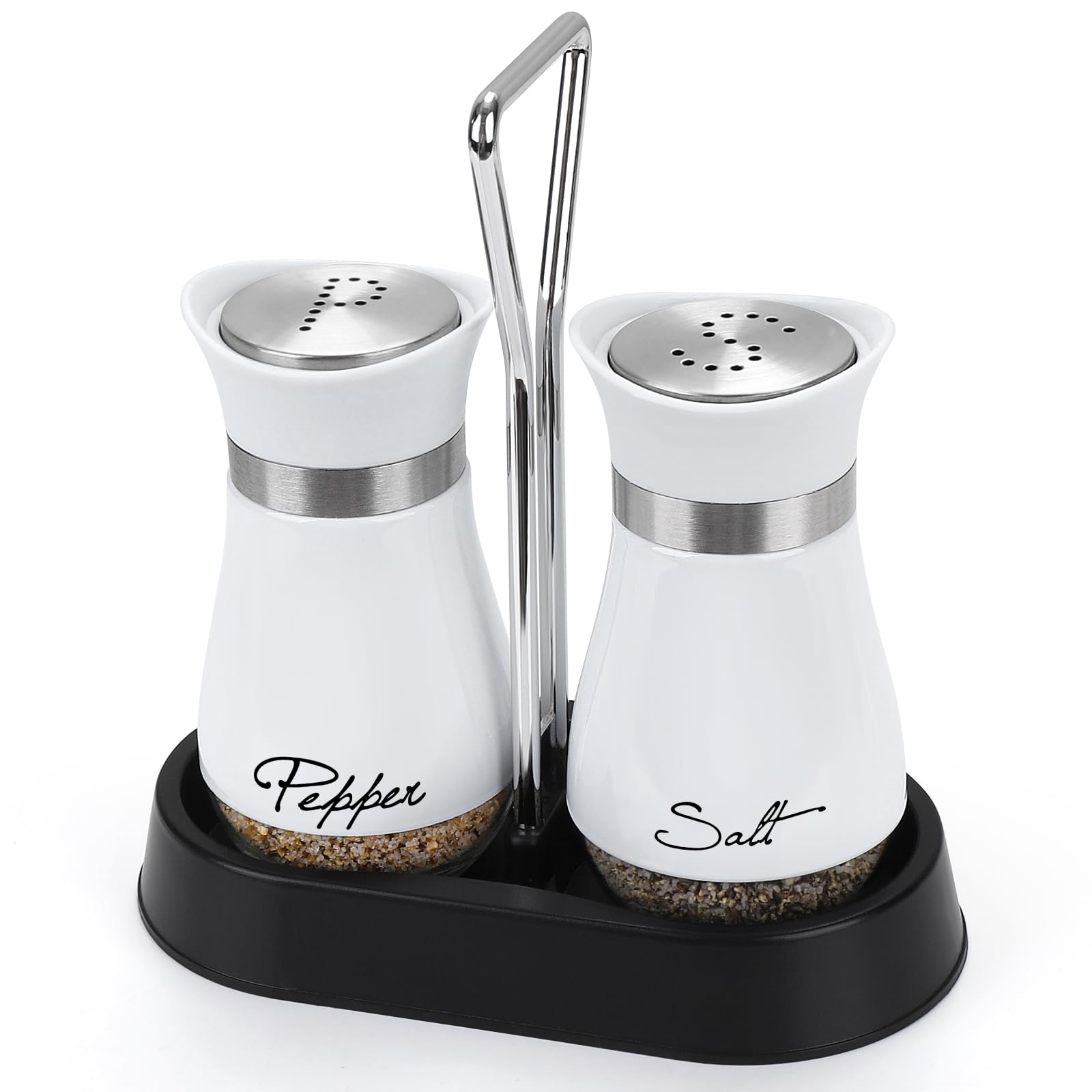 Accmor Salt and Pepper Shakers Set with Holder, 4 oz Stainless Steel Salt Pepper Shaker Containers with Glass Bottom for Kitchen Cooking, BBQ, Bar, Table, RV, Camp