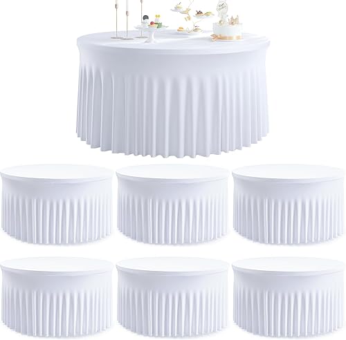 Htper Paquete de 6 Manteles Redondos de Spandex Blancos para Mesas de 60 pulgadas, Sin Arrugas, Elásticos de 120 pulgadas, Ajustados para Mesas
