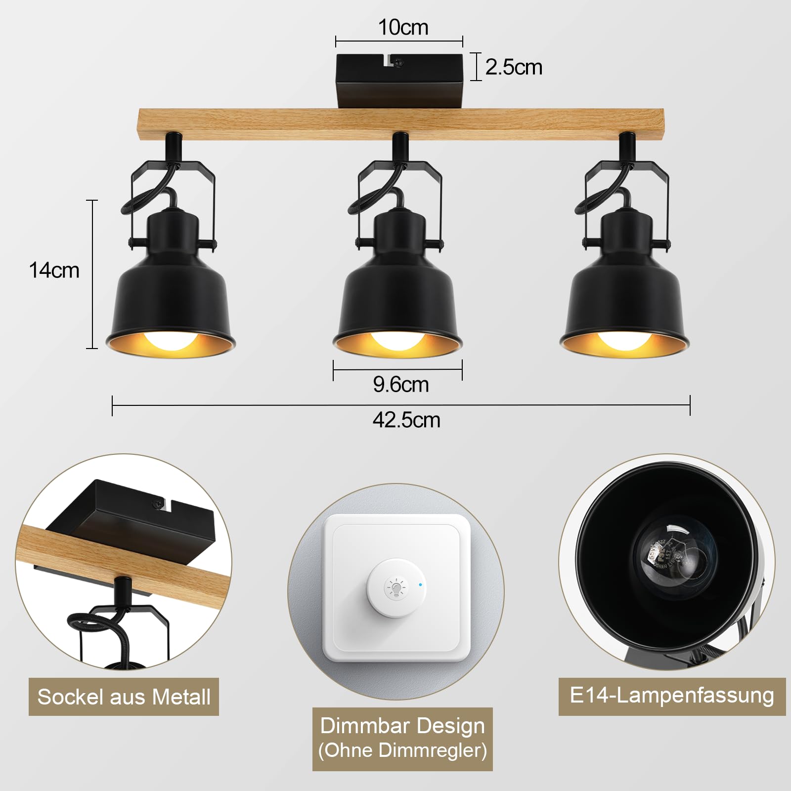 Plafonnier Spot 3 Flammes Noir Vintage Pivotant 350° MAX.25W Douille E14 Bois Industriel Salon Chambre Bureau