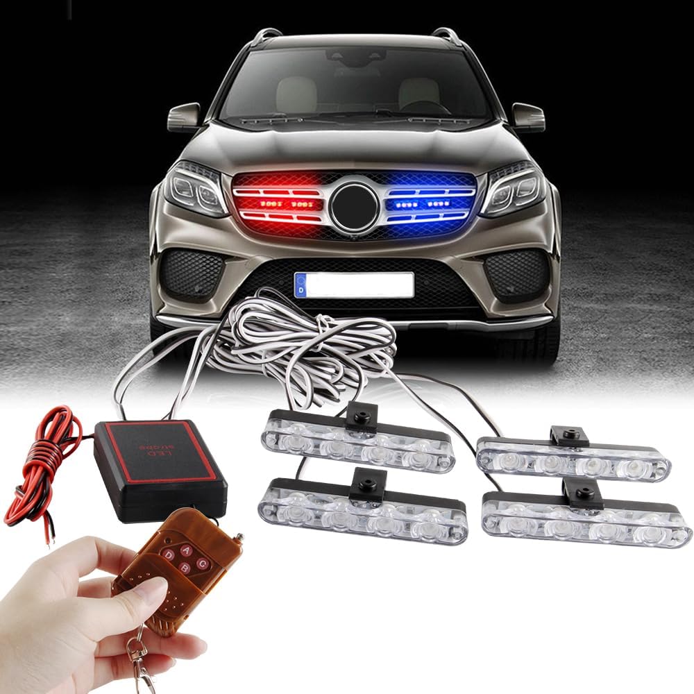 4 in 1 Red&Blue Emergency Strobe Lights Police Lights for Vehicles 12V with 16 Flashing Patterns Wireless Remote Control Grille Lights Emergency Lights for Vehicles Car Truck Van SUV