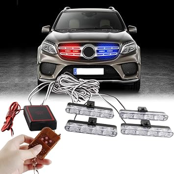4 in 1 16LED Red&Blue Emergency Strobe Light for Vehicles - Wireless Remote Control Police Light for Car, Flashing Warning Grille for Truck Motorcycle 12V