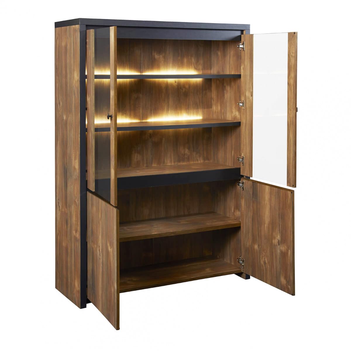 AltoBuy STALONE - Argentier 4 Portes Effet Bois Manguier Foncé et Noir