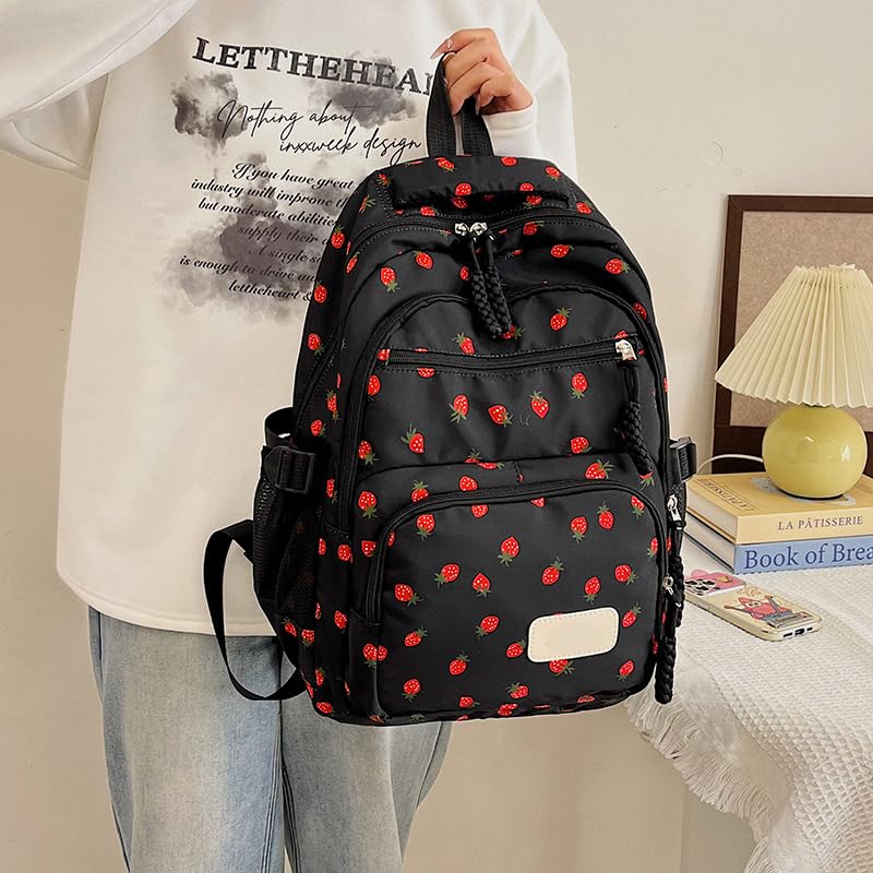 Bow Backpack for Women 3Pcs Set Kawaii Coquette Nylon Backpack Cute College Laptop Rucksack Fashion Travel Daypack 2025 New (Black Strawberry)4