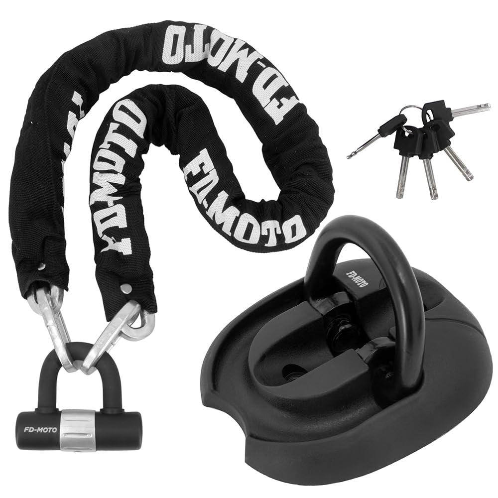 FD-MOTO 1,2Mx10mm Cerradura de Cadena de Moto de Acero + Ancla de tierra Scooter Bicicleta Motocicleta Cerradura