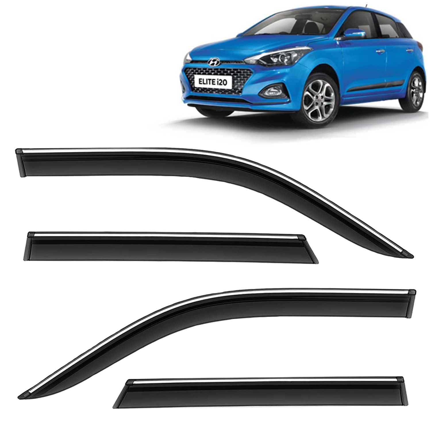 KINGSWAY Accessories Chrome Lining Door Visor Only Compatible with Hyundai Elite I20 Year 2018 to 2020 All Model, Premium Chromeline Unbreakable Car Rain Guard Side Rear Wind Deflectors, Set of 4 Pcs
