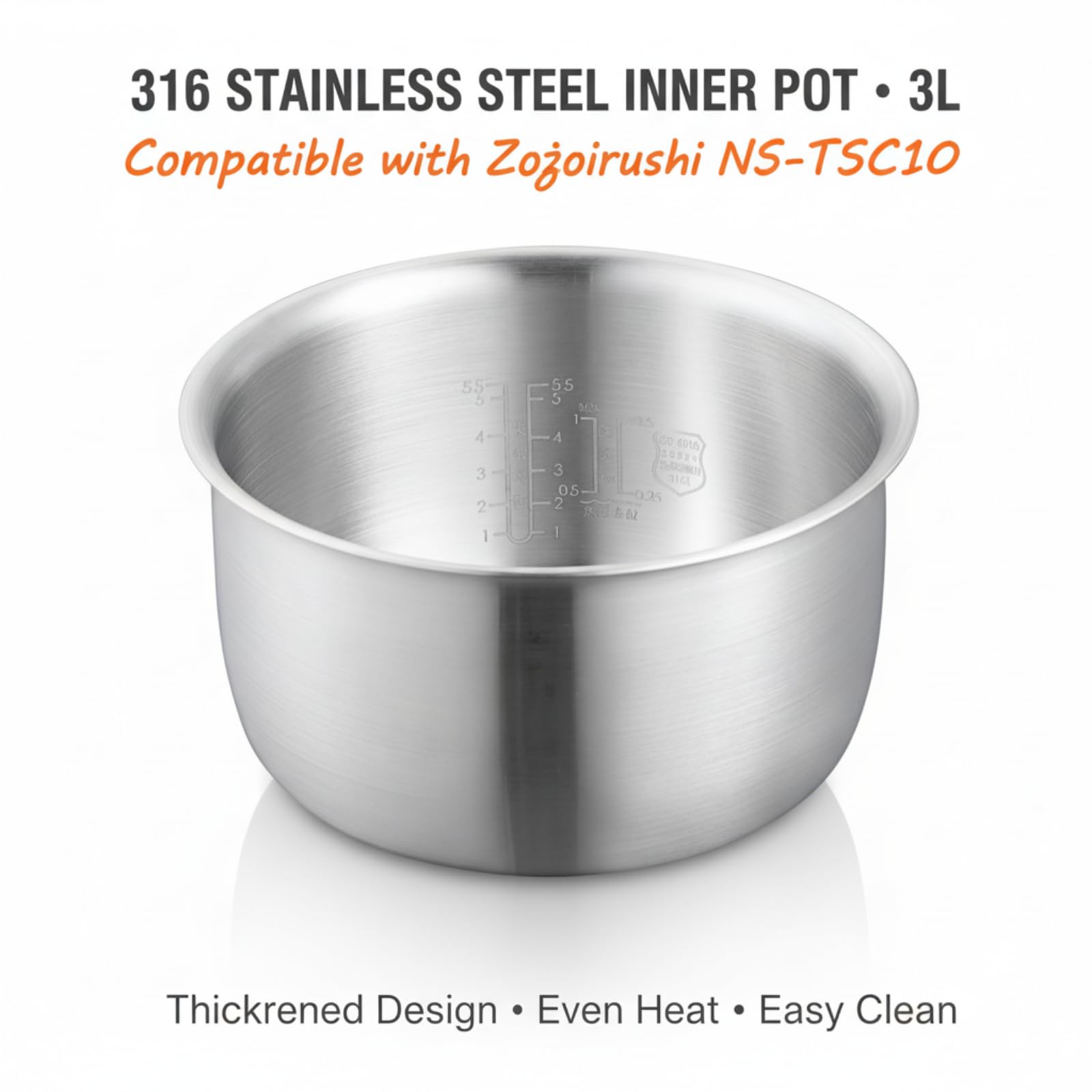 Pot intérieur en acier inoxydable 316 3L compatible avec cuiseur à riz Zojirushi NS-TSC10, bol de rechange pour B362/B366, design épais sans couture pour un chauffage uniforme et une meilleure