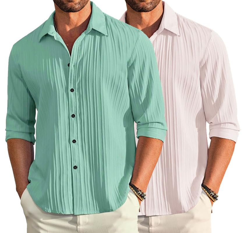 Image of DEELMO Combo of Men's Casual Button Down Shirts Long Sleeve Linen Shirt Fashion Textured Summer Shirts Pack of 2