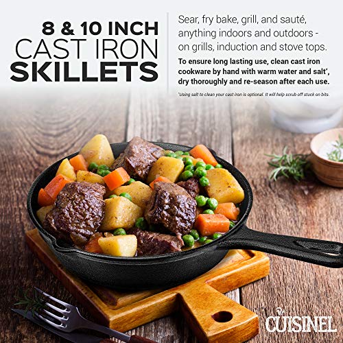 Pre-Seasoned Cast Iron Skillet 2-Piece Set (8-Inch and 10-Inch) Oven Safe Cookware - 2 Heat-Resistant Holders - Indoor and Outdoor Use - Grill, Stovetop, Induction Safe