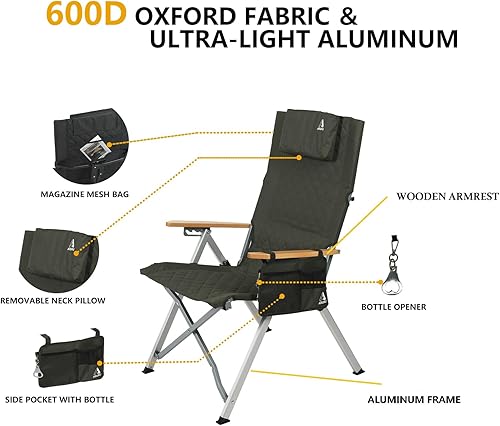 Miniatura 4 de Silla de campamento reclinable, sillas plegables resistentes con respaldo alto ajustable de 4 etapas para adultos, silla reclinable compacta y