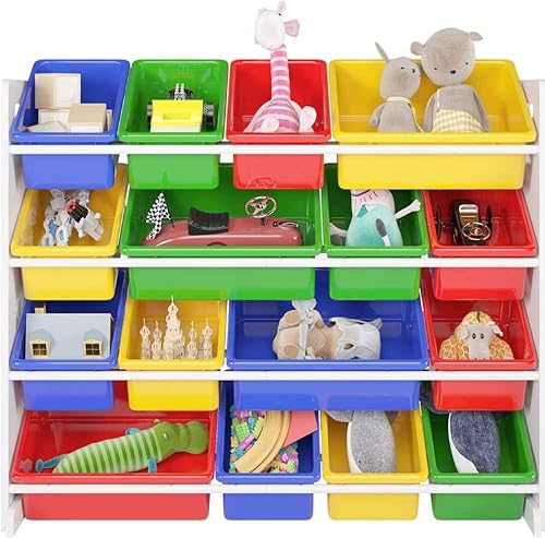 Miniatura 3 de MENGK Organizador de almacenamiento de juguetes de madera para niños con 16 contenedores de plástico, XL, verde, azul, rojo, amarillo