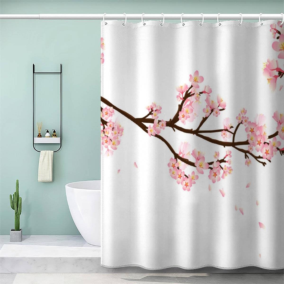 AOLIGL Cherry Blossoms Shower Curtain 180x200cm Japanese Romantic Pink Shower Curtains Quick-Drying Waterproof Shower Curtains Mould Proof Resistant With 12 Hooks and Weighted Hem