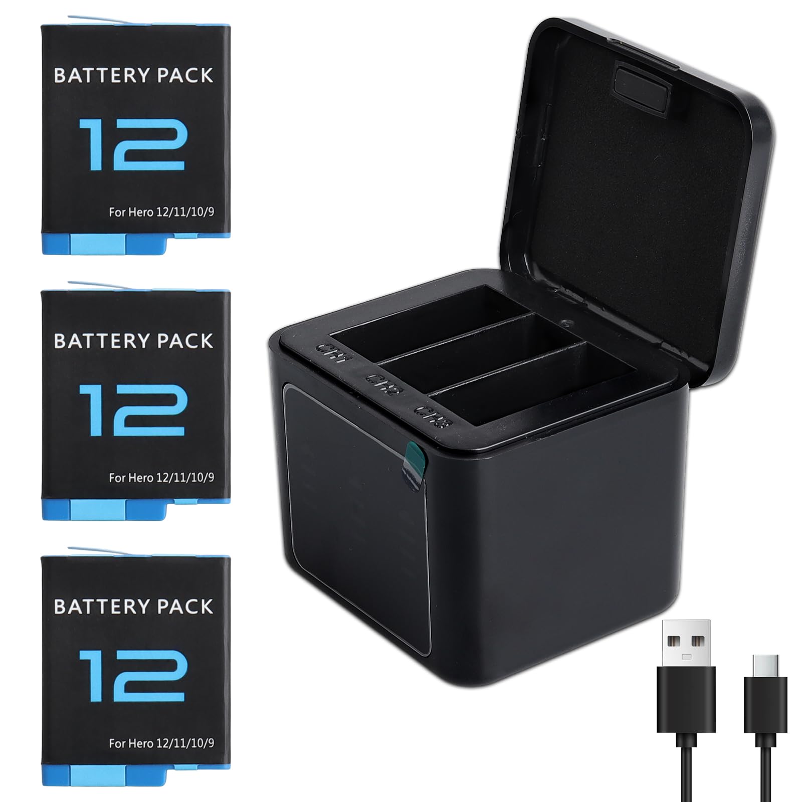 Batterie e Caricatore Compatibili con GoPro Hero 12 11 10 9 Black - 3x 1800mAh Alta Capacità con Custodia di Ricarica 3-in-1 e Cavo Type-C
