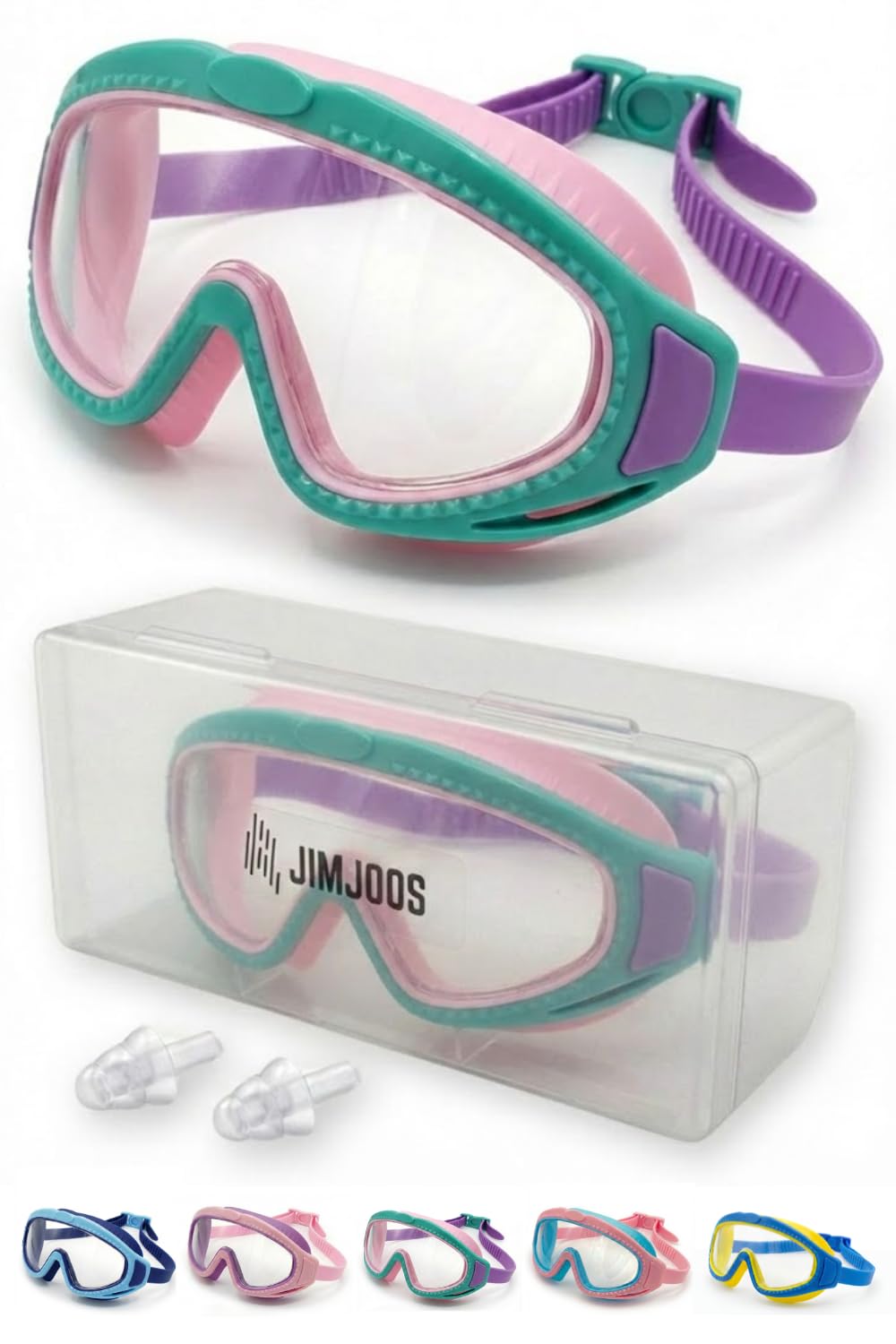 JIMJOOS Kids Swimming Goggles 6-14 - Wide View, Anti Fog, UV Protection, Leak Proof Swim Goggles for Boys Girls - Adjustable Back Strap - Hard Case & Silicone Ear Plugs Included (GREEN-PINK-PURPLE)