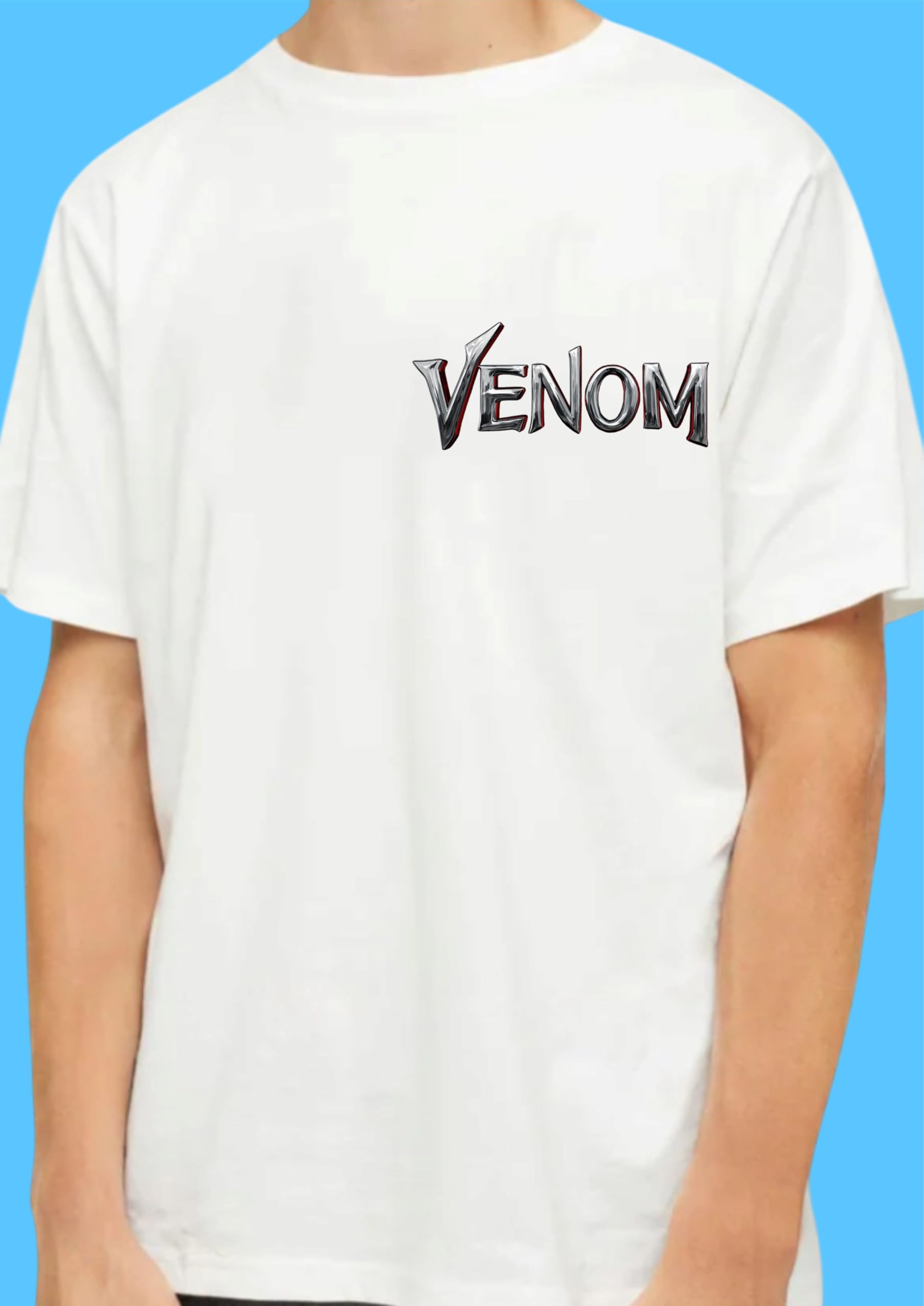 Uniplanet Store Camiseta de mezcla de algodón blanco para niños, cuello redondo, media manga, ajuste regular con estampado Venom Anime en la espalda, elegante camiseta casual para jóvenes fanáticos