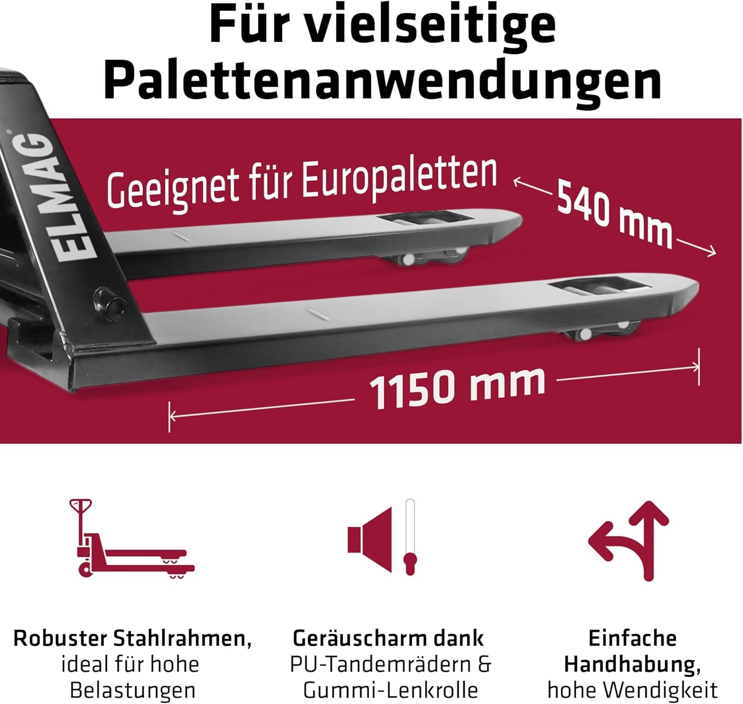 Elmag Handhubwagen HW 2500 Hubwagen mit 2500 kg Tragkraft, 1150 mm Gabellänge, 540 mm Gabelbreite Palettenwagen mit Gummirädern & Polyurethan-Tandemrollen Gabelhubwagen für mühelosen Transport