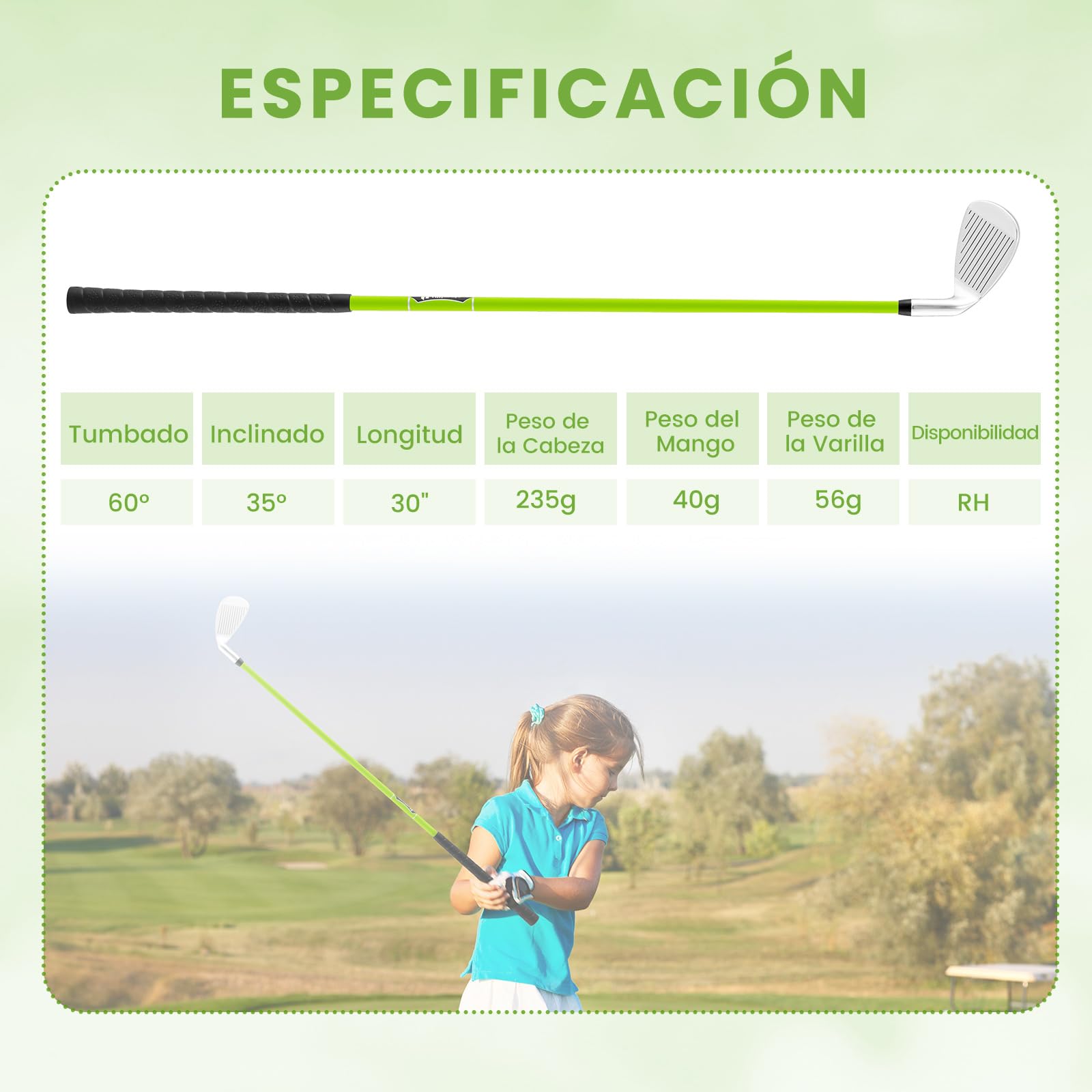COSTWAY Hierro Junior #7 para Niños, Palo de Golf Individual para Chicos y Chicas con Eje de Fibra de Vidrio y Cabeza Protectora, Palo de Golf para Práctica Junior, Mano Derecha, 76 CM, Edad 8-10
