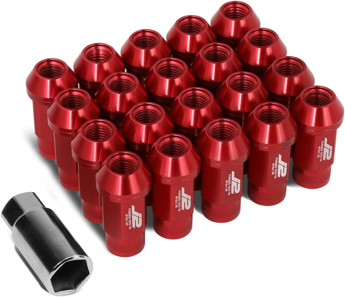 J2 Engineering LN-T7-014-15-RD Red 7075 Aluminum M12X1.5 20Pcs L: 50mm Open End Lug Nut w/Socket Adapter