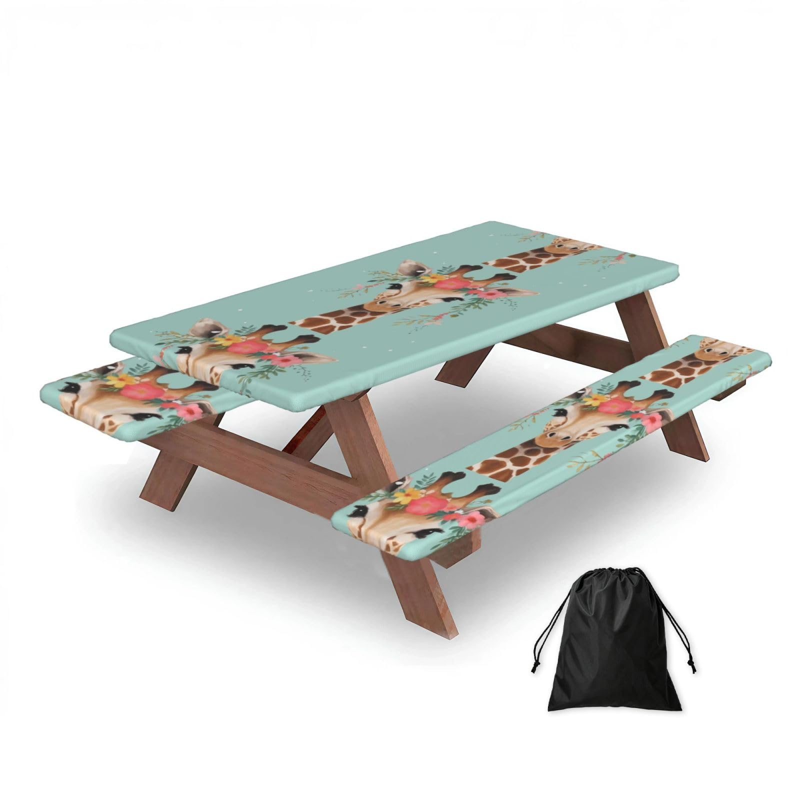 Dopklna As Picture Giraffe With Floral Printed, Picnic Table Cover With Bench Covers -Waterproof Elastic Fitted Tablecloth For Garden Camping Patio 76X152cm