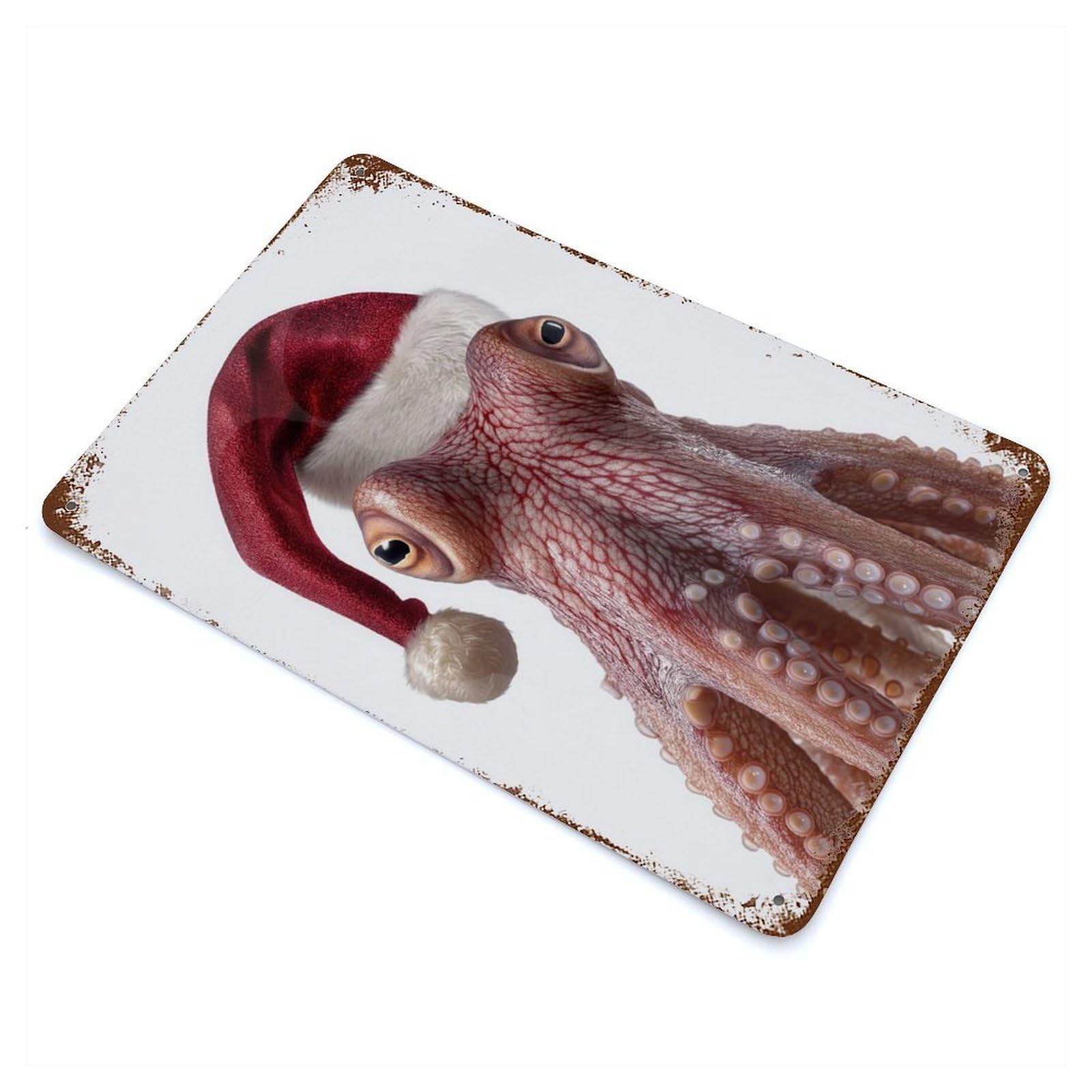 Christmas Octopus with Santa Hat Portrait 11.8"x7.9" Aged Metal Wall Plaque, Retro Wall Decor for Farmhouse, Kitchen And Entryway Decor