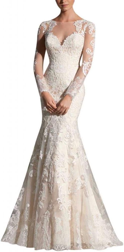 MILANO BRIDE Gorgeous Bridal Wedding Dress Long Sleeves Mermaid Floral Applique-6-Light Ivory