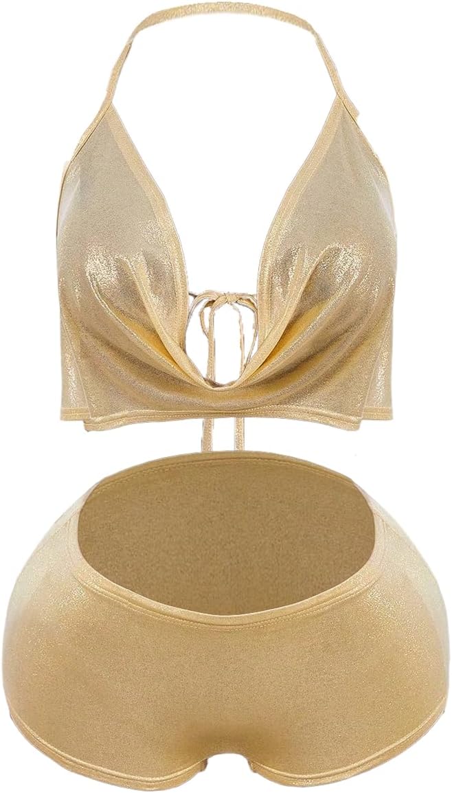 MakeMeChic Women's 2 Piece Fall Outfits Tie Open Back Crop Halter Top and Mini Shorts Going Out Outfits