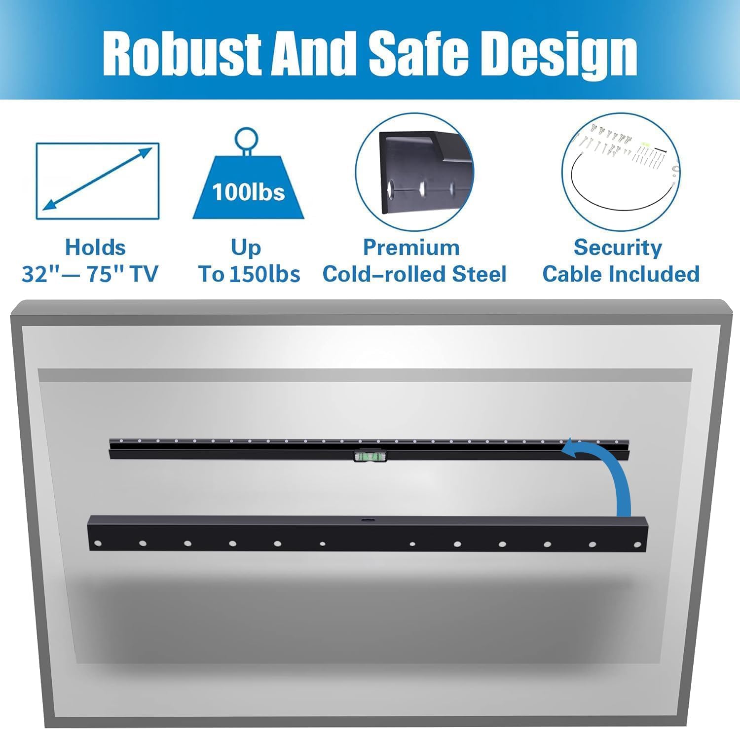 Staffa da parete per TV a secco senza borchie, per TV da 32-75 pollici, supporto universale per TV a schermo piatto e curvo LED, LCD, plasma, max VESA 600 x 400 mm fino a 68 kg