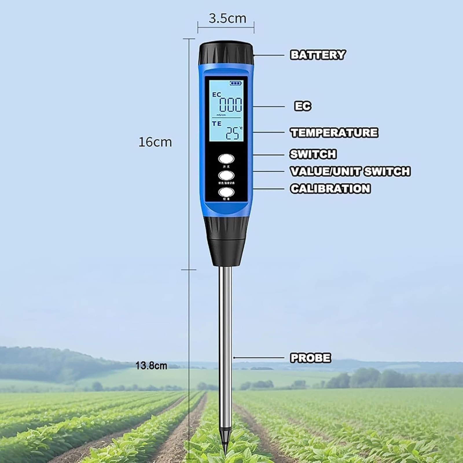 Analizzatore del terreno ad alta precisione, con compensazione automatica della temperatura, intervallo di misura: EC: 0,00-10,00 ms/cm, spegnimento automatico dopo 5 minuti, utilizzato per terreno
