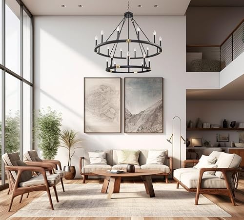 Miniatura 6 de Kira Home Homestead - Lámpara de araña de 41 pulgadas, 20 luces, industrial, rústica, de 2 niveles, con ruedas de vagón, luz redonda para isla de