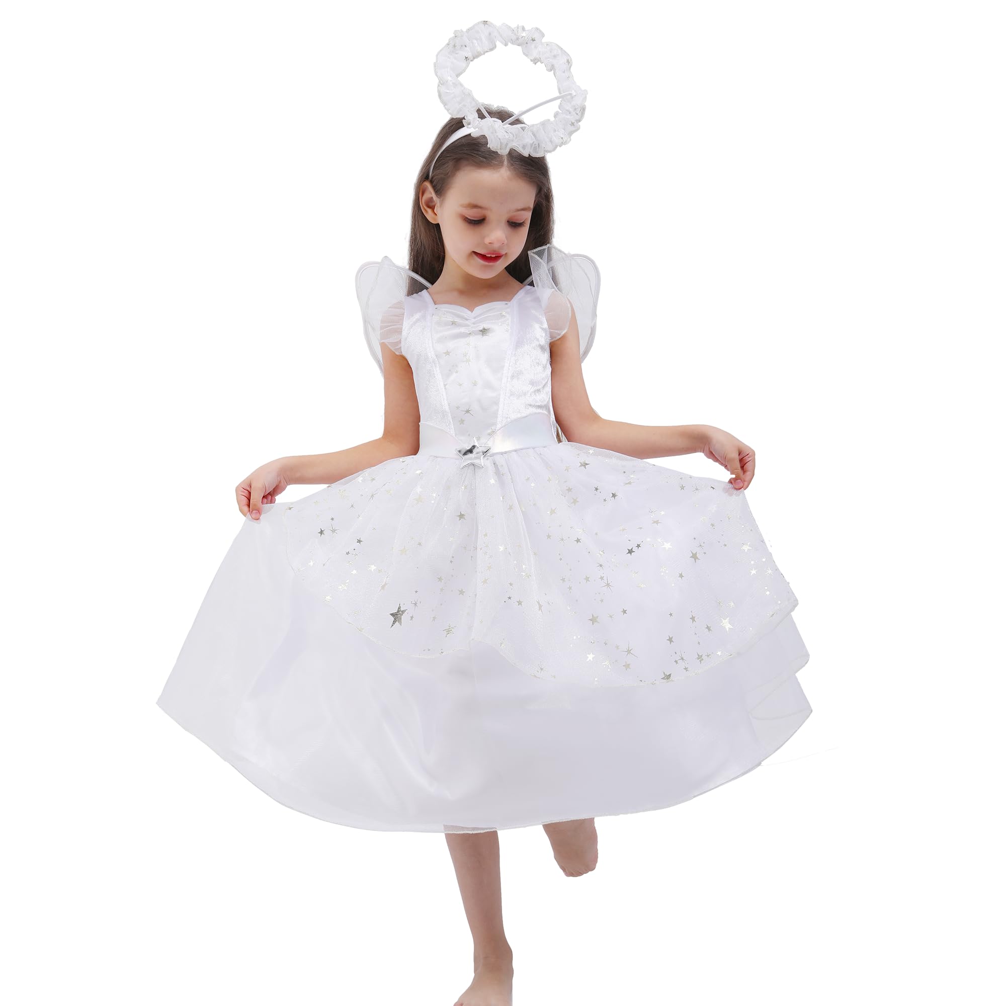 Wizland Girls White Angel Costume with Halo Headpiece and Wings,Angel Fancy Dress for Christmas Nativity 3-4 years