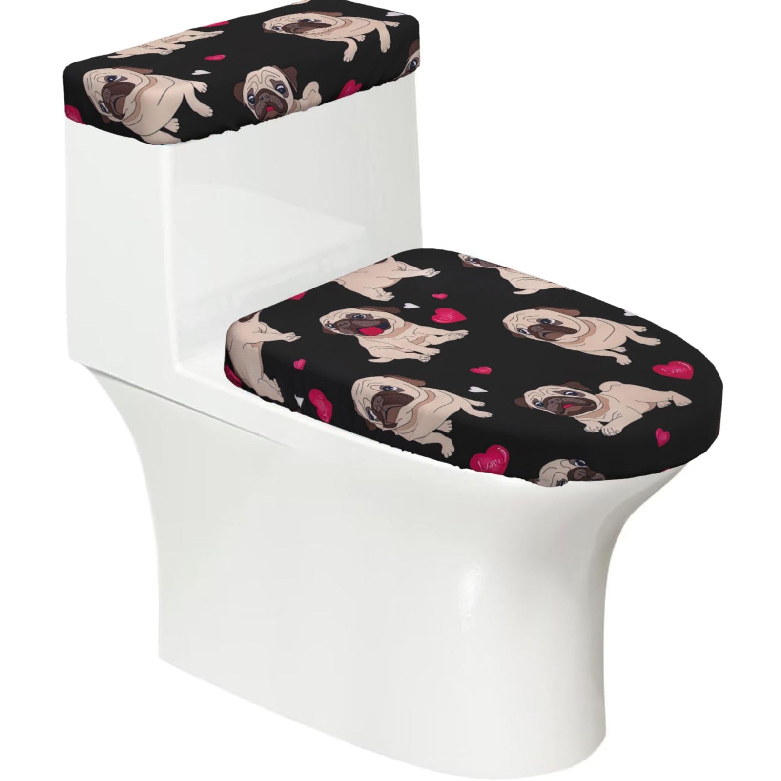 Cute Pug Printed Toilet Tank and Lid Cover Set of 2 for Most Bathrooms, Fits Elongated Round Toilets