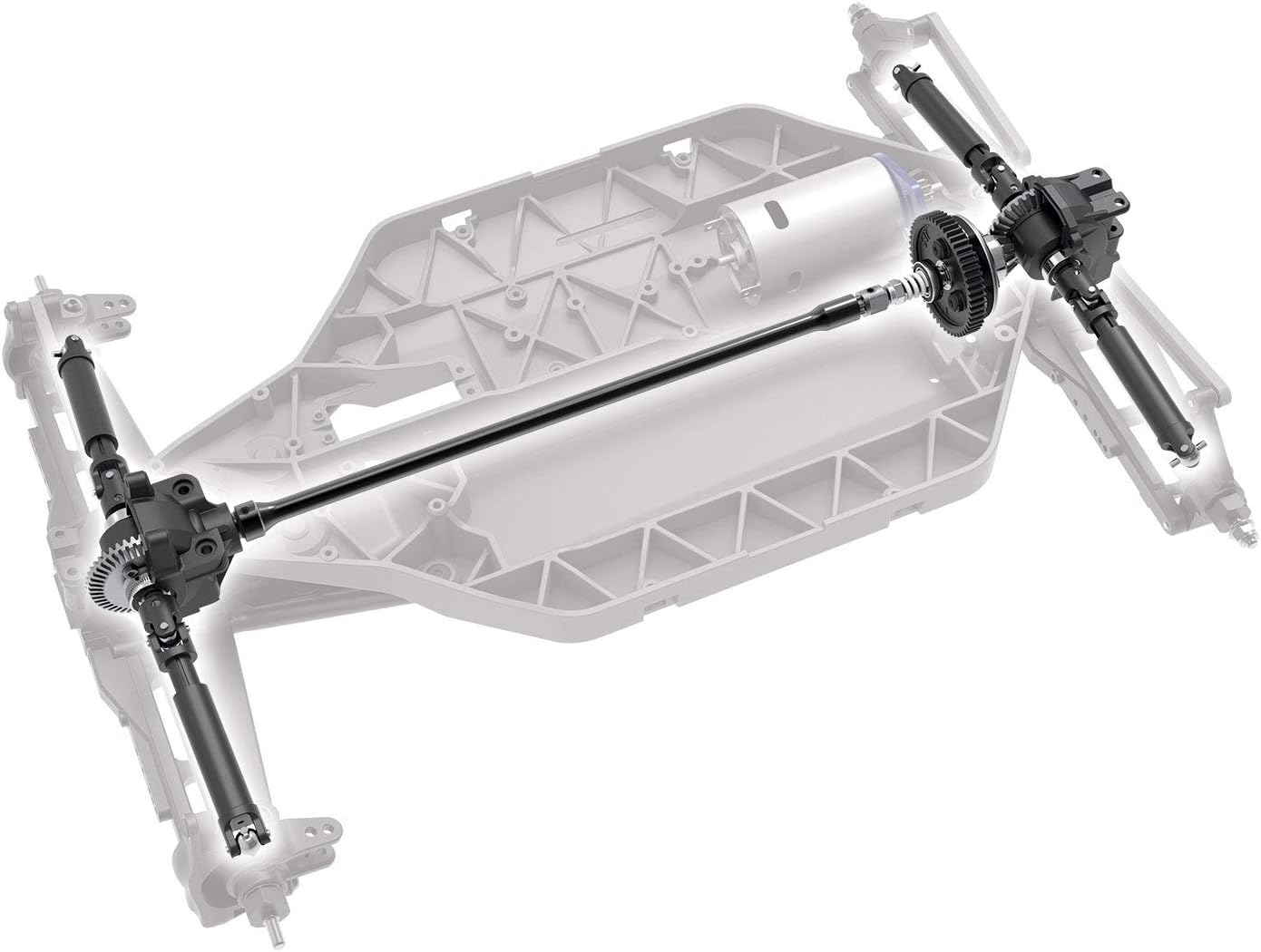 Diagram of the Traxxas Slash 4X4 drivetrain, showing the central shaft and differentials.